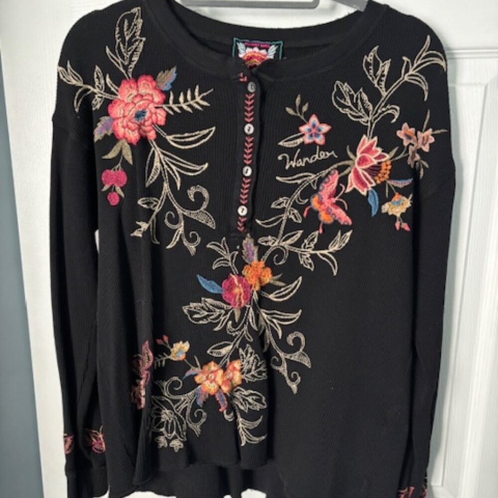 Johnny Was black floral Henley - Small BNWT